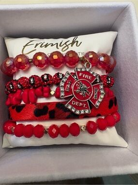 NIB ERIMISH Red 5 Beaded Stretch Bracelet Stack Fire Dept Charm